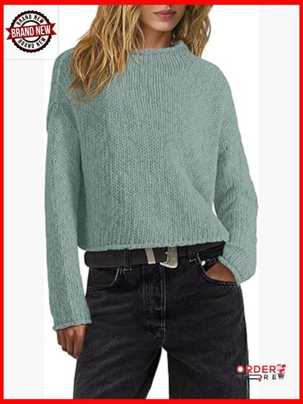 Womens Oversized Cropped Chunky Knit Sweater Long Sleeve Mock Neck Pullover